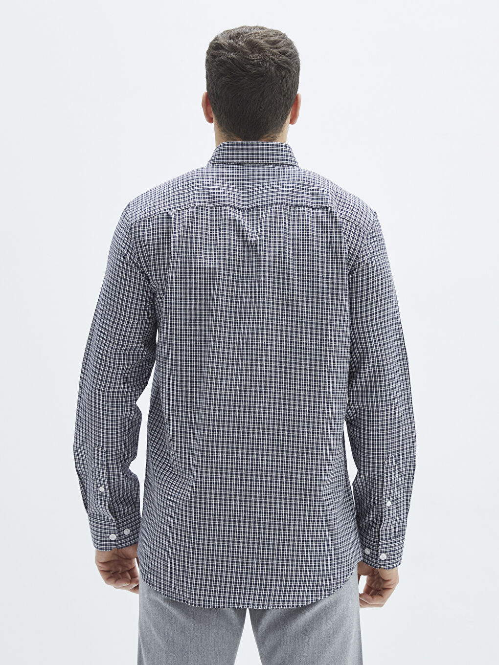 Lacivert Regular Fit Uzun Kollu Ekose Gabardin Erkek Gömlek-4