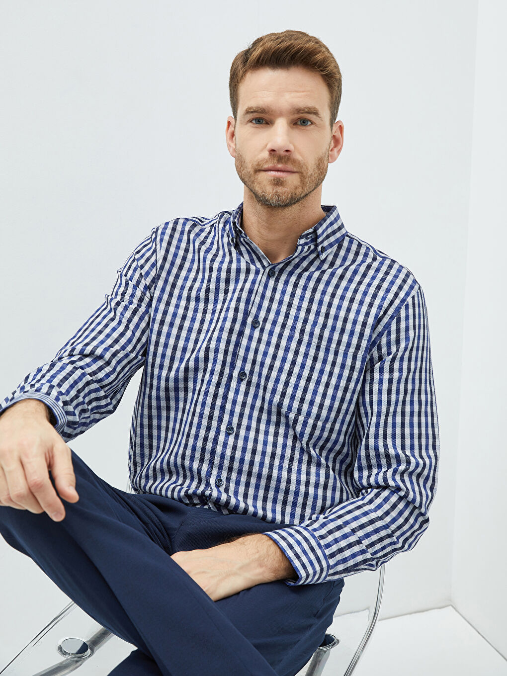 Lacivert Regular Fit Uzun Kollu Ekose Armürlü Erkek Gömlek