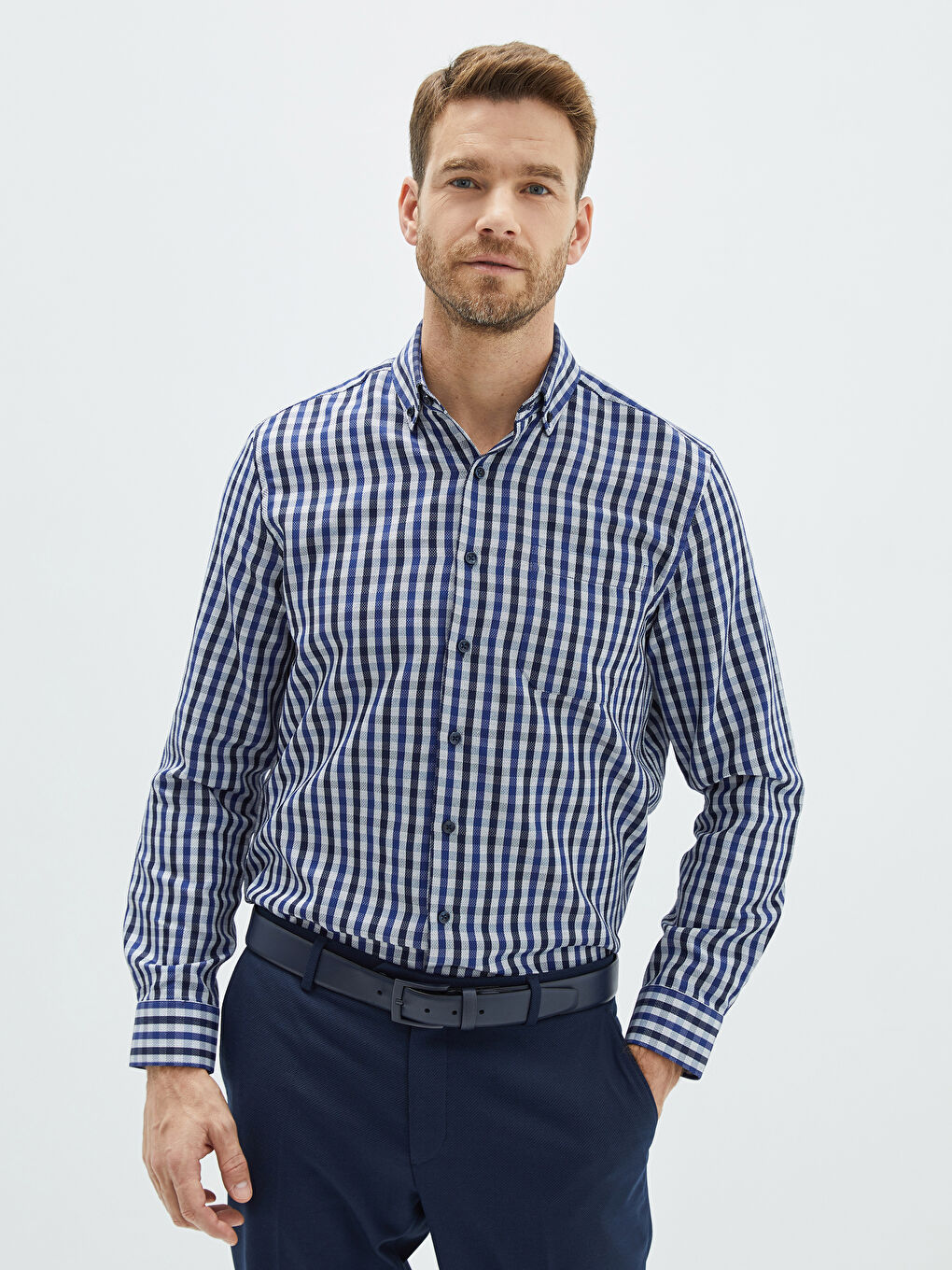 Lacivert Regular Fit Uzun Kollu Ekose Armürlü Erkek Gömlek-1