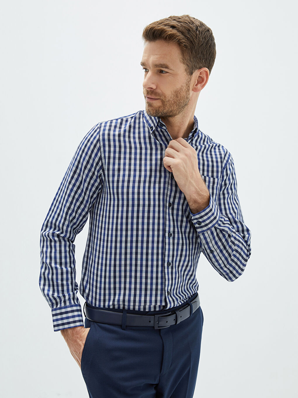 Lacivert Regular Fit Uzun Kollu Ekose Armürlü Erkek Gömlek-2