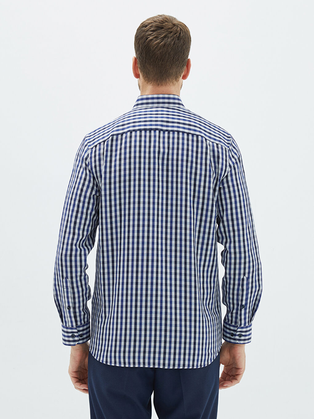 Lacivert Regular Fit Uzun Kollu Ekose Armürlü Erkek Gömlek-4