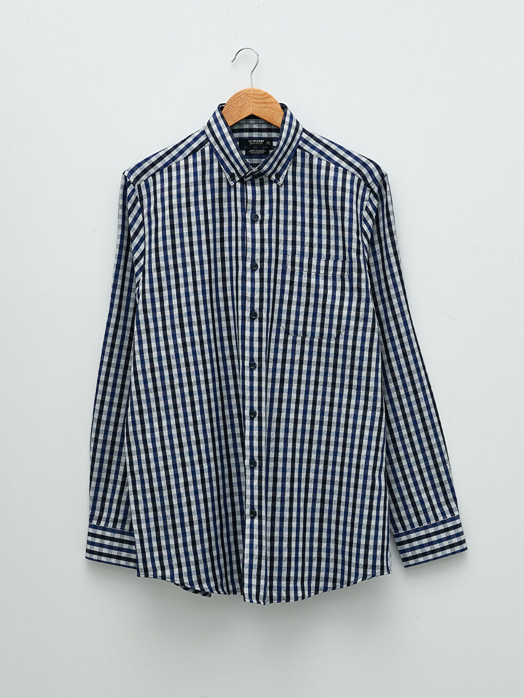 Lacivert Regular Fit Uzun Kollu Ekose Armürlü Erkek Gömlek-5