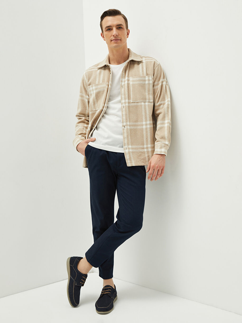 Bej Rahat Kalıp Uzun Kollu Ekose Erkek Oduncu Gömlek