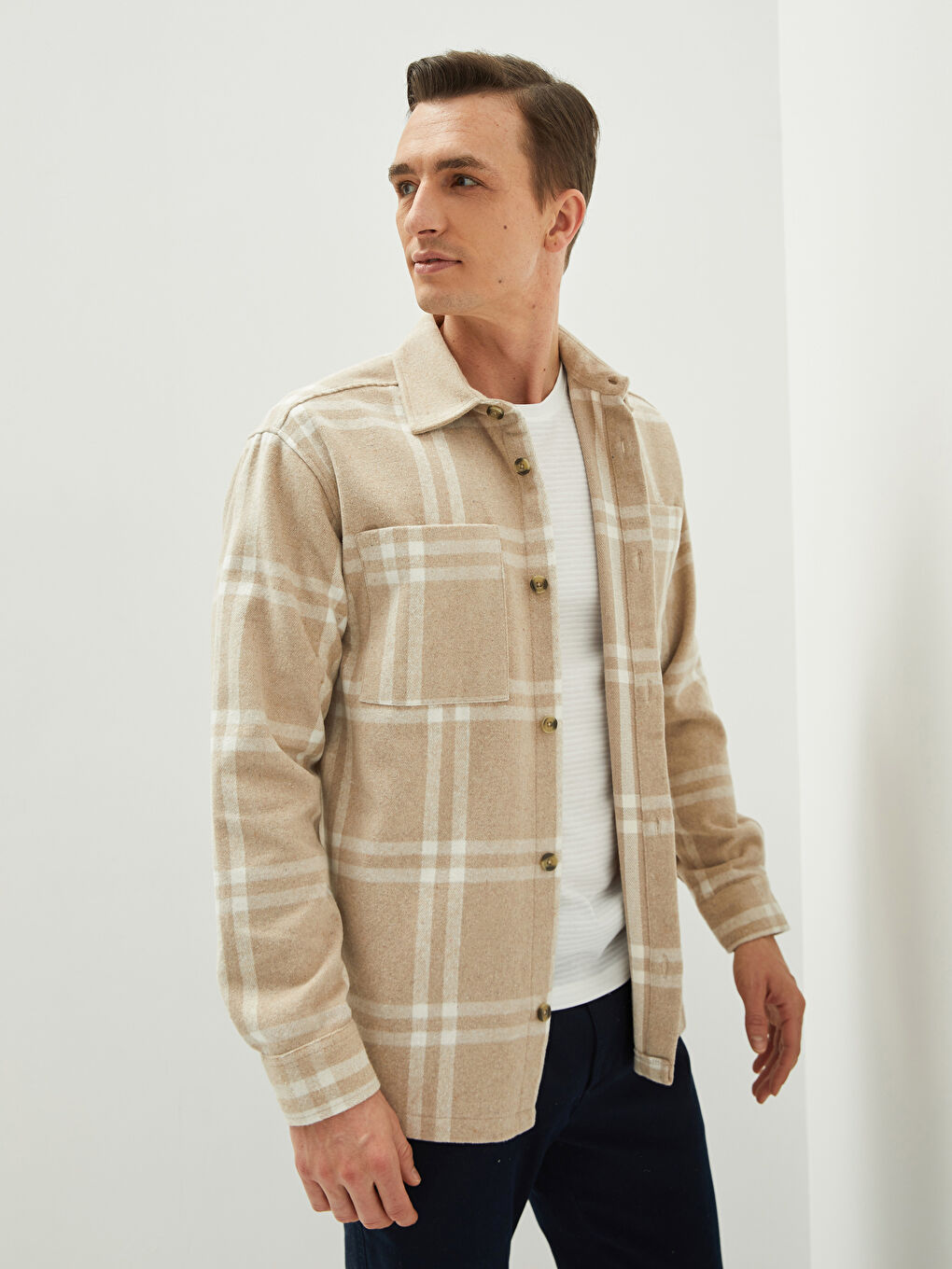 Bej Rahat Kalıp Uzun Kollu Ekose Erkek Oduncu Gömlek-2