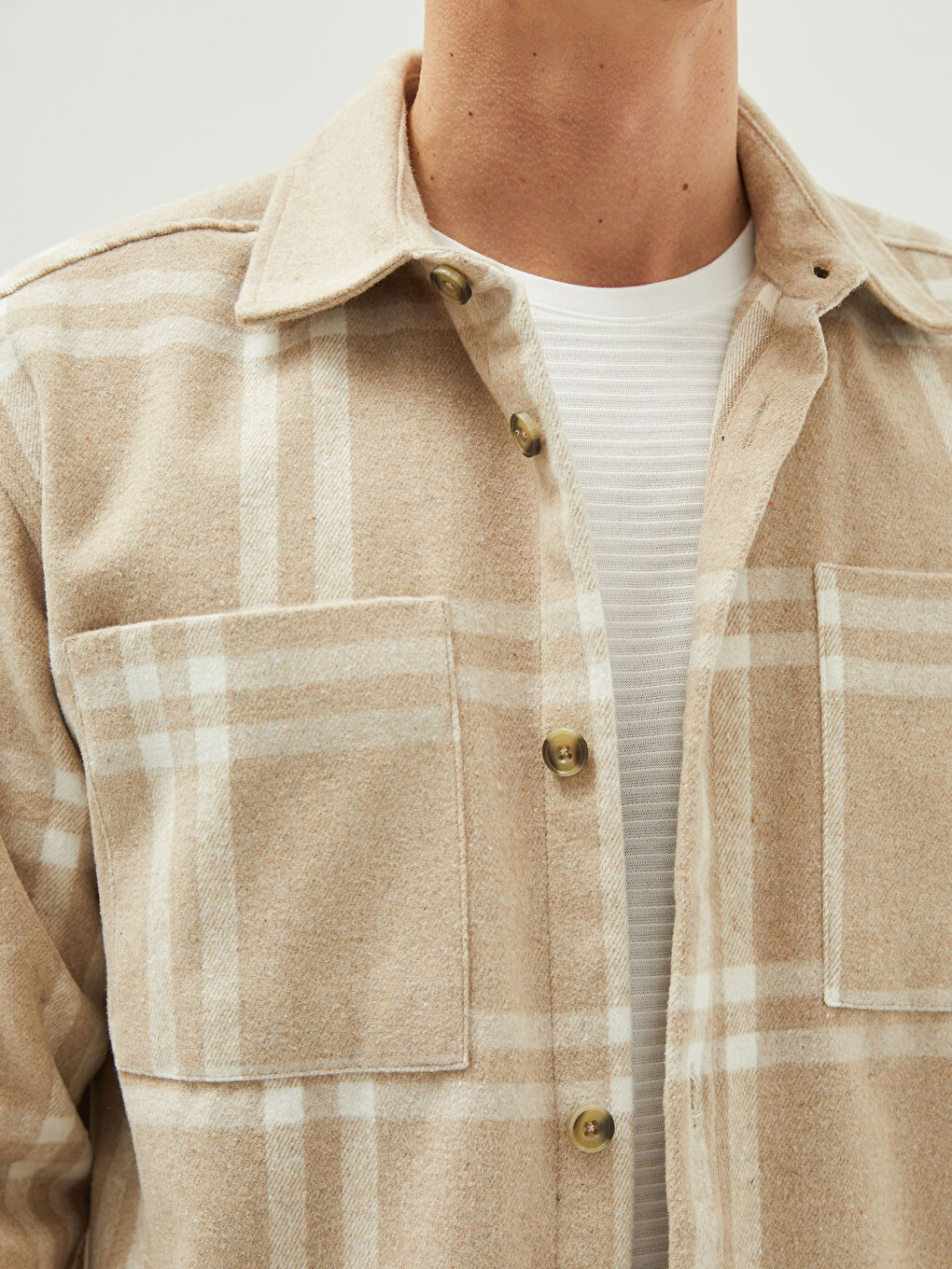 Bej Rahat Kalıp Uzun Kollu Ekose Erkek Oduncu Gömlek-3