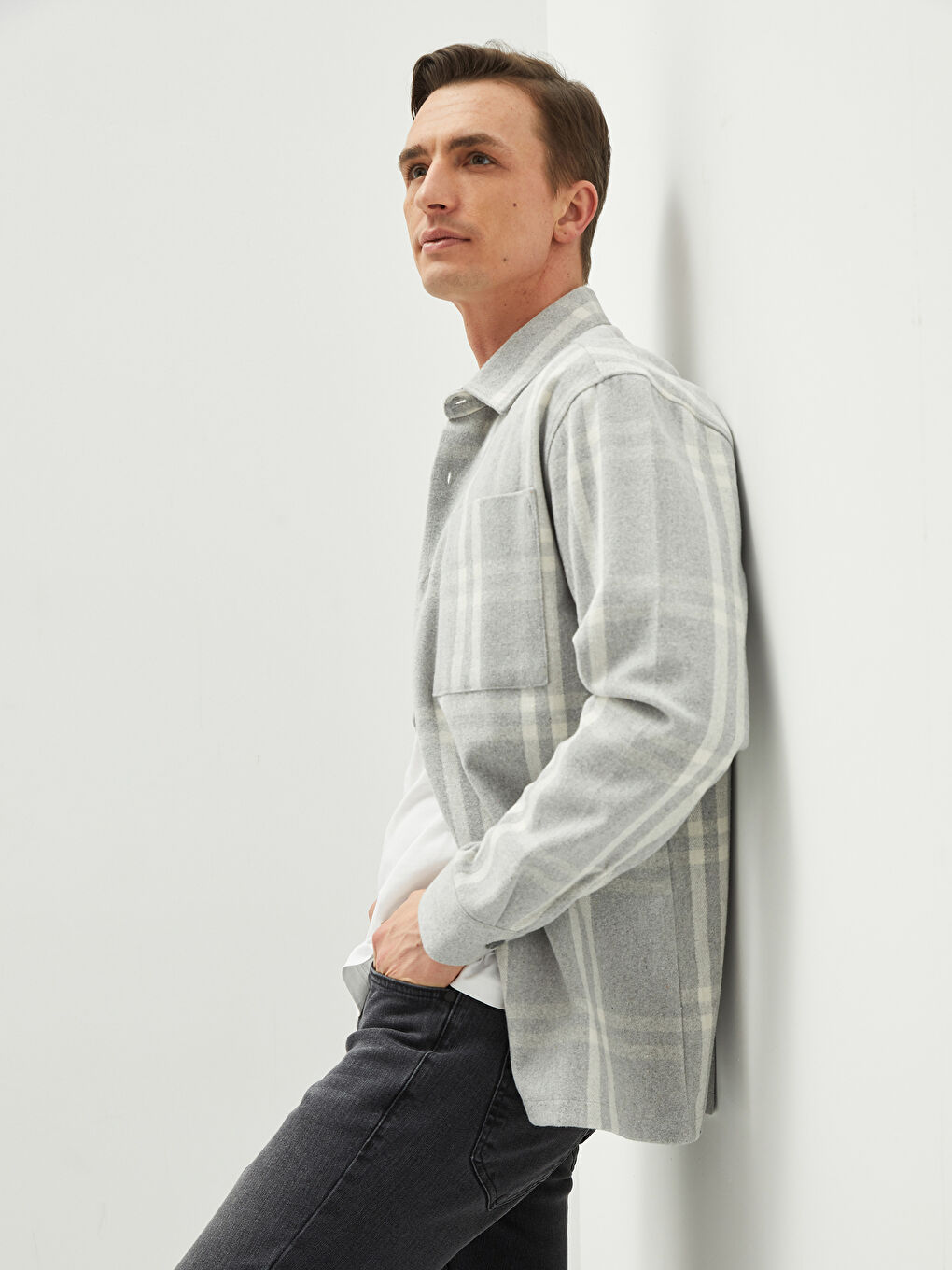 Gri Rahat Kalıp Uzun Kollu Ekose Erkek Oduncu Gömlek-1