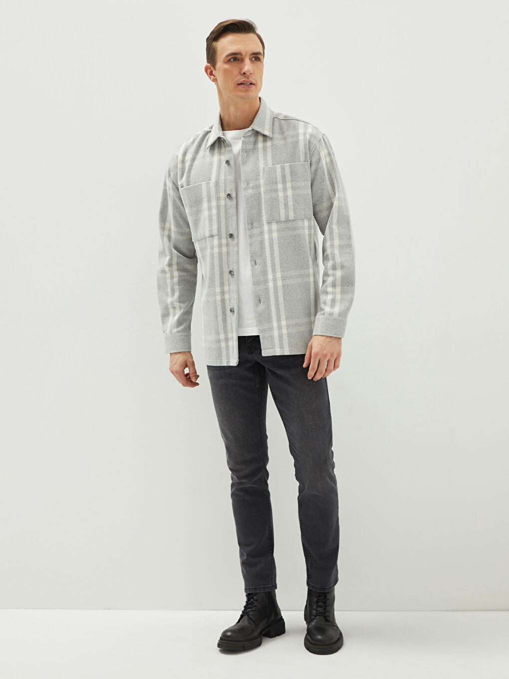 Gri Rahat Kalıp Uzun Kollu Ekose Erkek Oduncu Gömlek-2