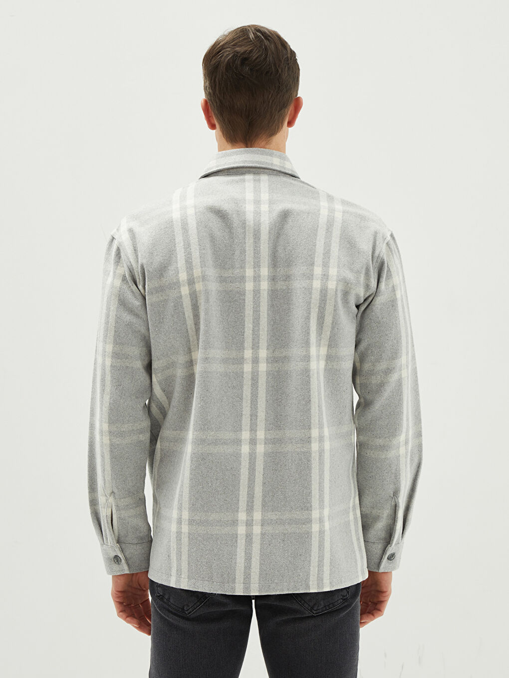 Gri Rahat Kalıp Uzun Kollu Ekose Erkek Oduncu Gömlek-4