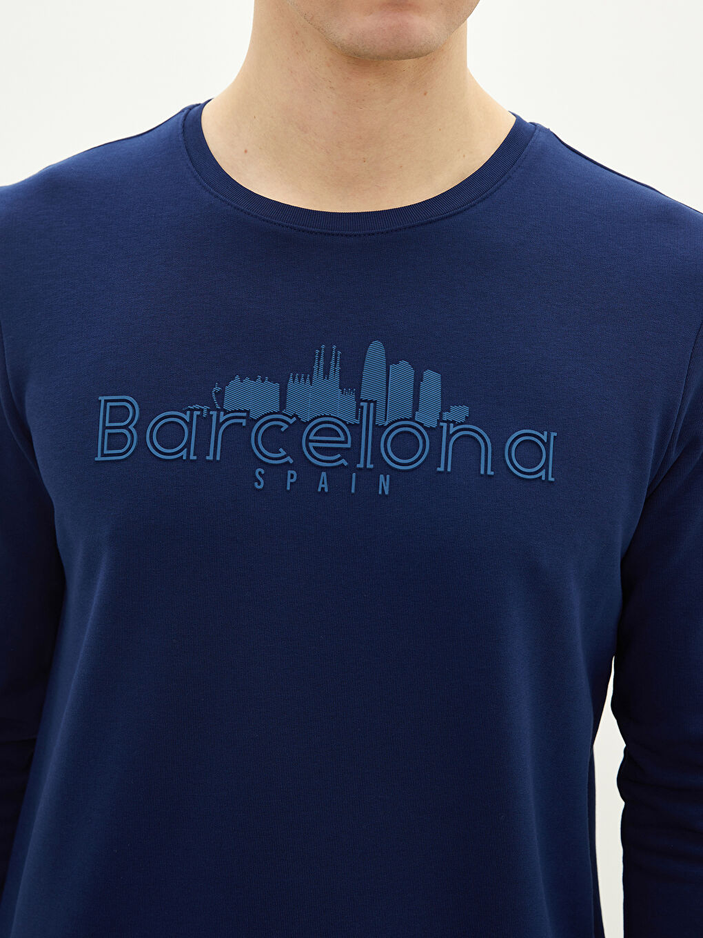 Lacivert Bisiklet Yaka Uzun Kollu Baskılı Erkek Sweatshirt-3