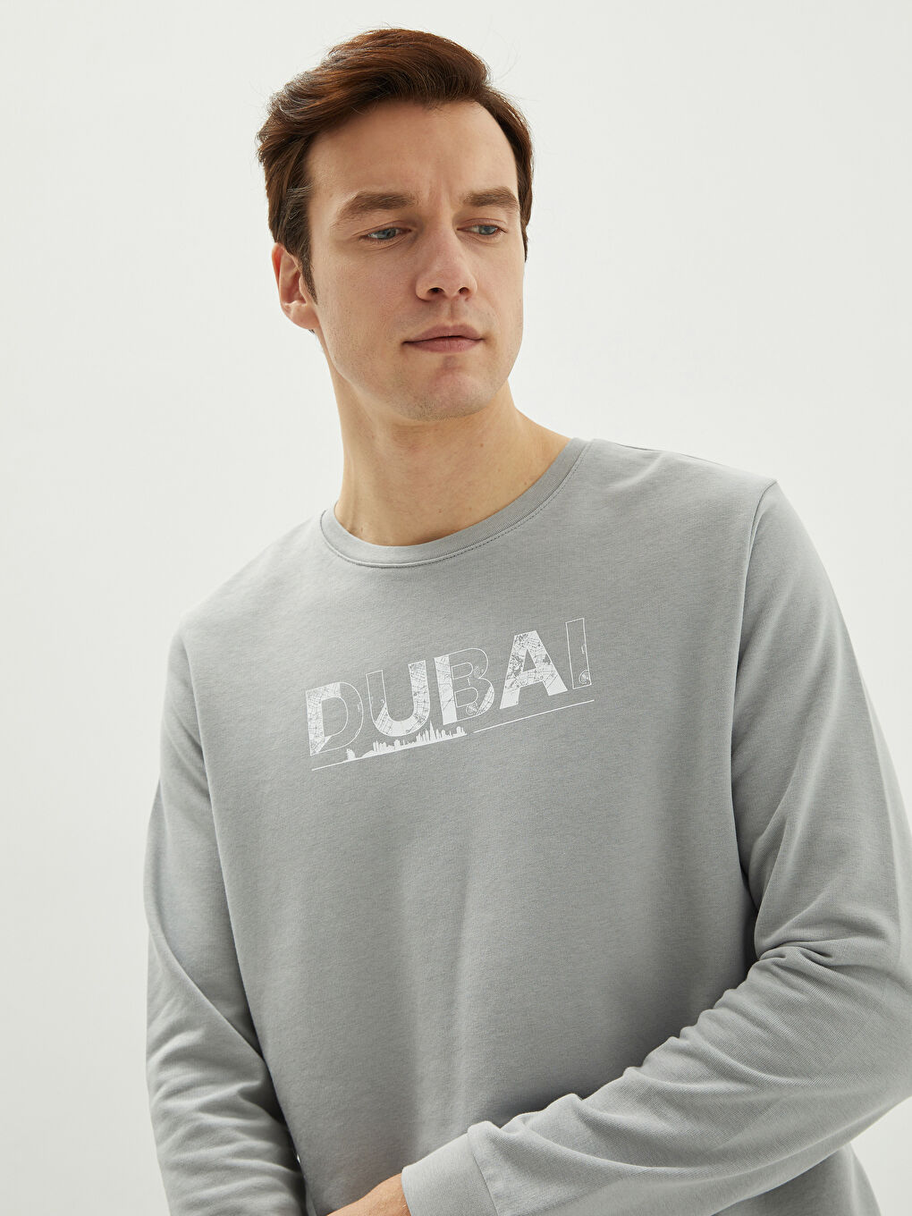 Gri Bisiklet Yaka Uzun Kollu Baskılı Erkek Sweatshirt-1