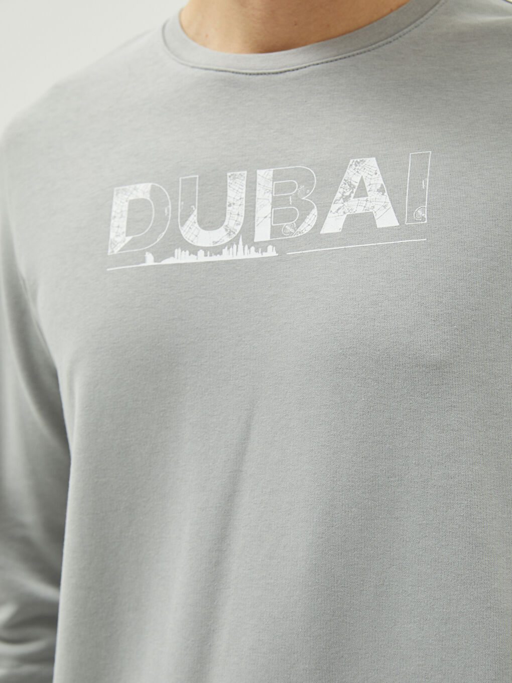 Gri Bisiklet Yaka Uzun Kollu Baskılı Erkek Sweatshirt-3