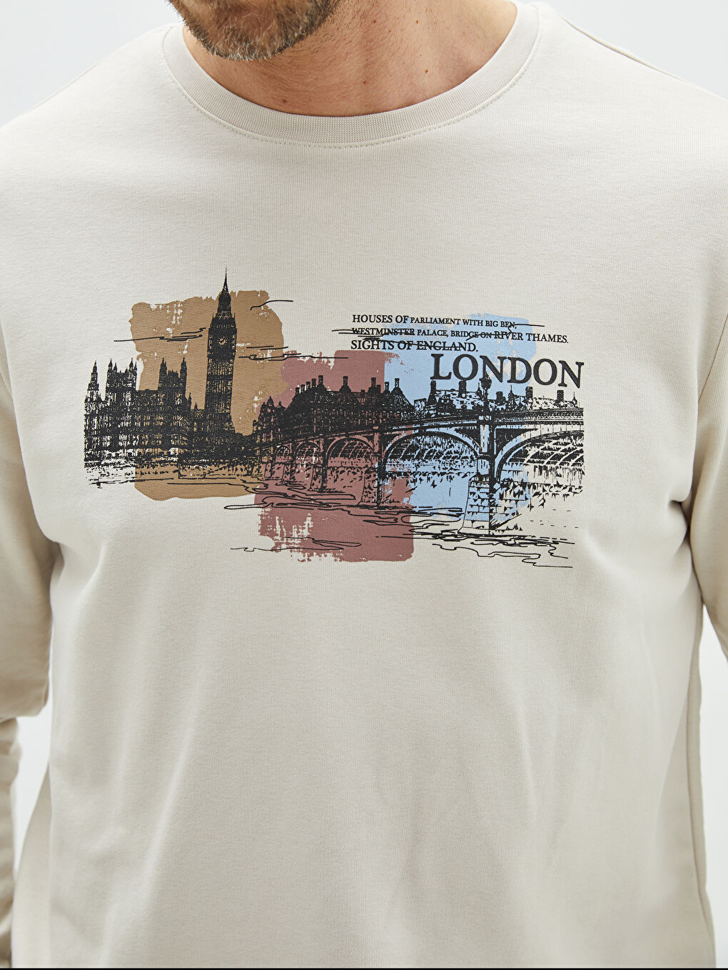 Gri Bisiklet Yaka Uzun Kollu Baskılı Erkek Sweatshirt-3