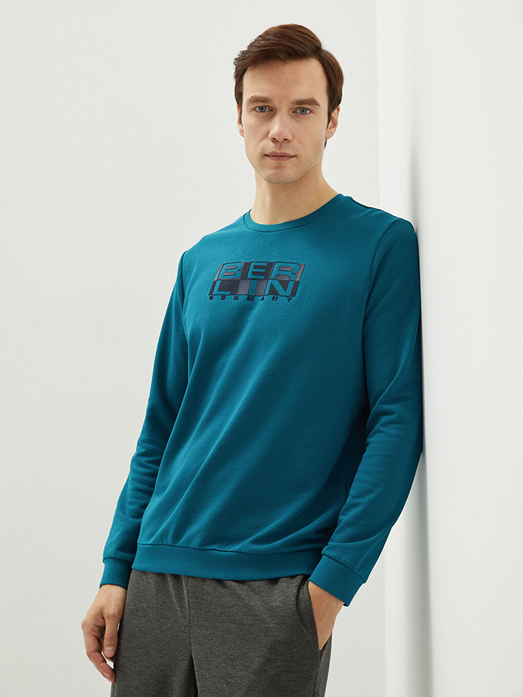 Petrol Bisiklet Yaka Uzun Kollu Baskılı Erkek Sweatshirt