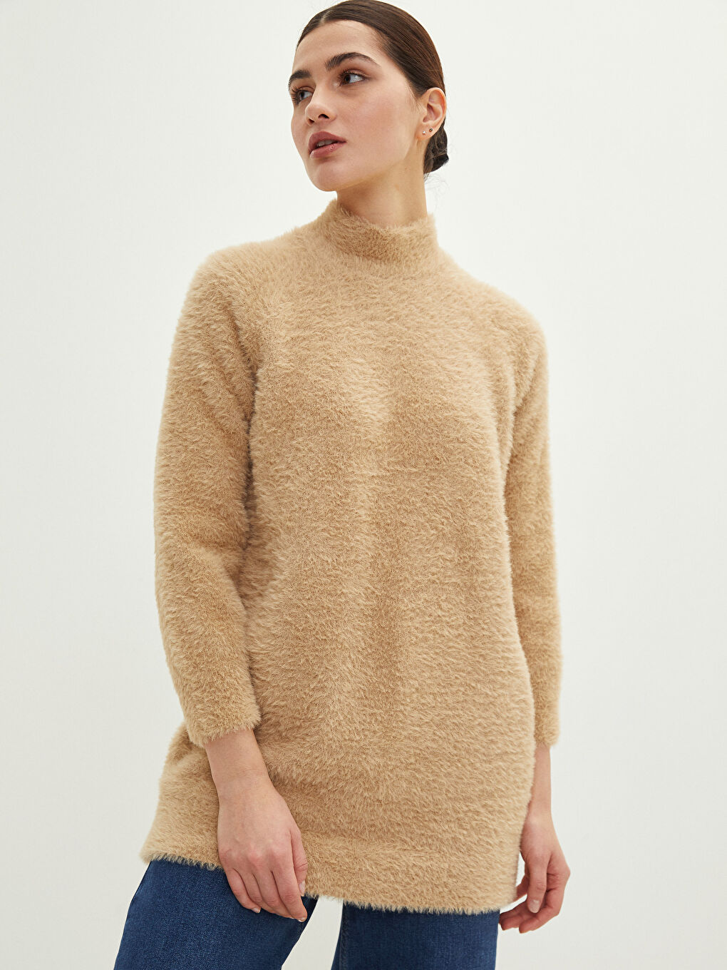 Bej Yarım Balıkçı Yaka Düz Uzun Kollu Kadın Triko Tunik-1