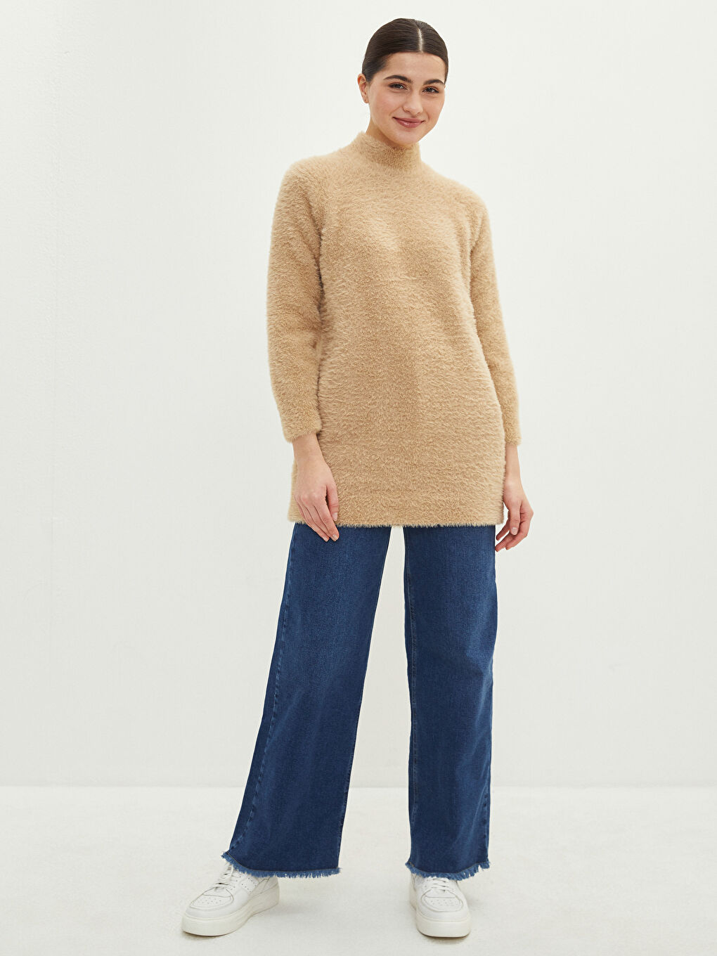 Bej Yarım Balıkçı Yaka Düz Uzun Kollu Kadın Triko Tunik-2