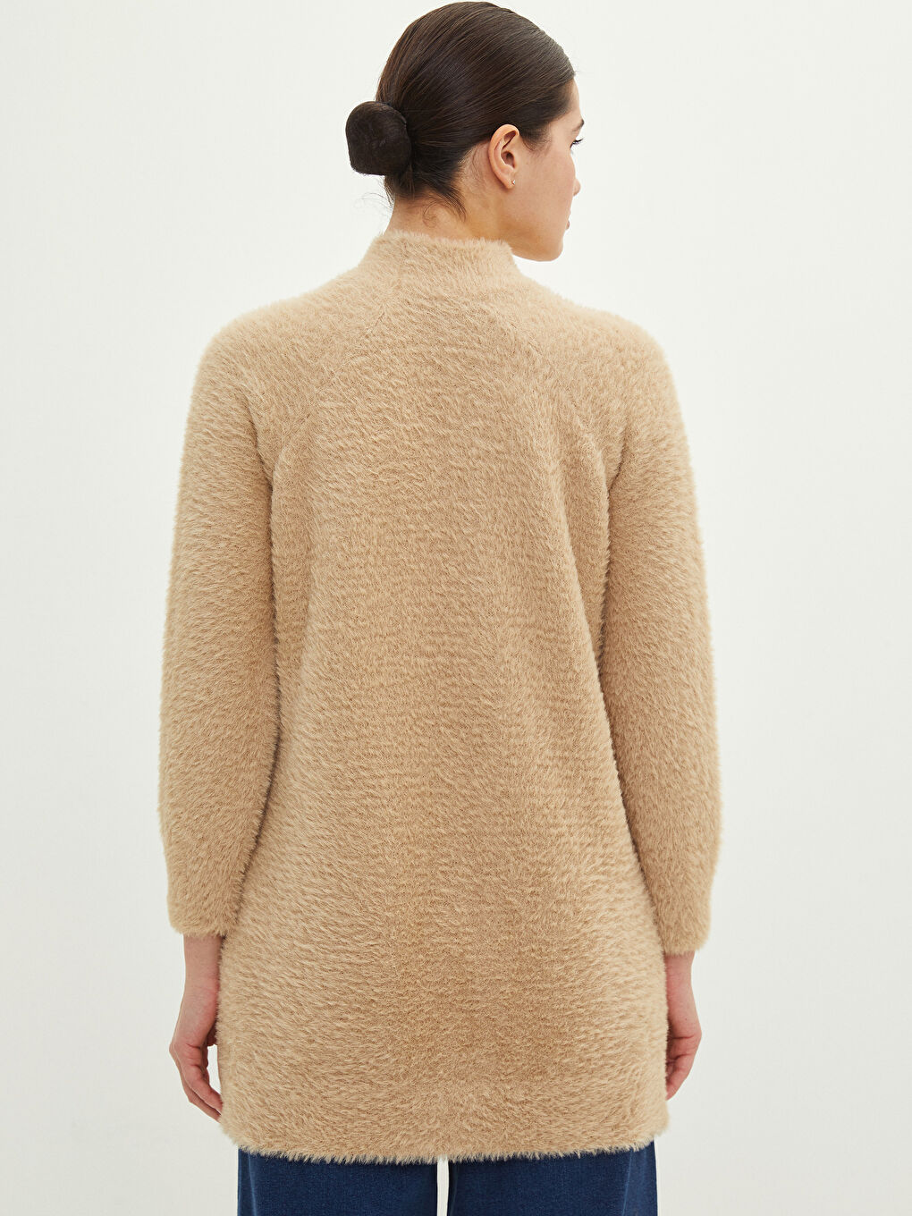 Bej Yarım Balıkçı Yaka Düz Uzun Kollu Kadın Triko Tunik-4