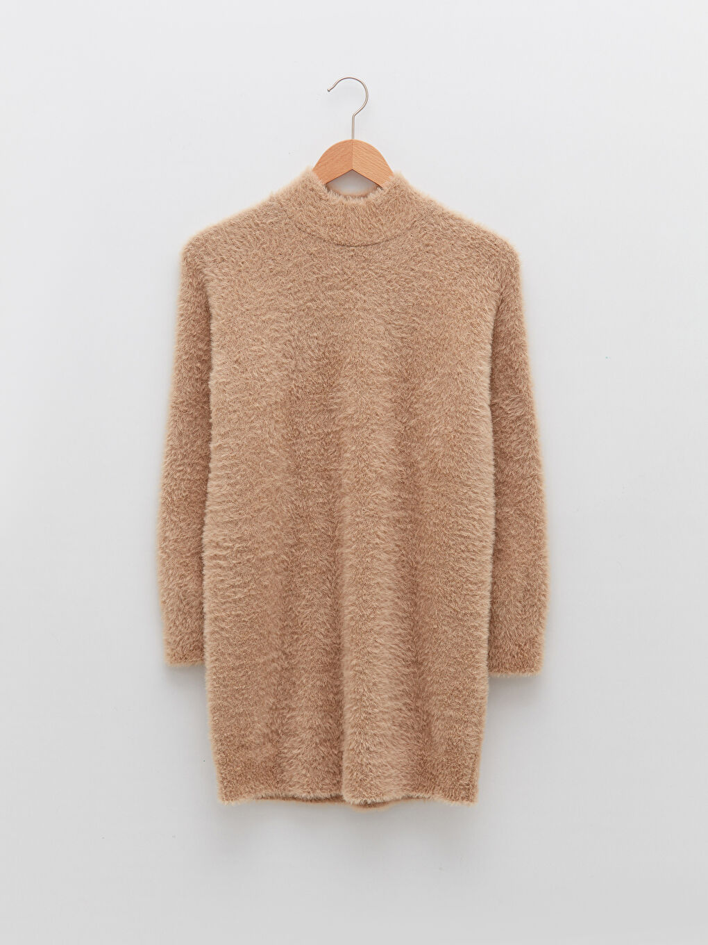 Bej Yarım Balıkçı Yaka Düz Uzun Kollu Kadın Triko Tunik-5