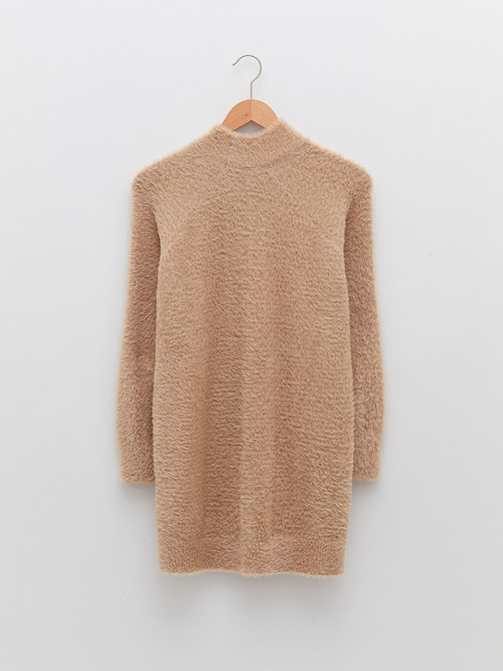 Bej Yarım Balıkçı Yaka Düz Uzun Kollu Kadın Triko Tunik-6