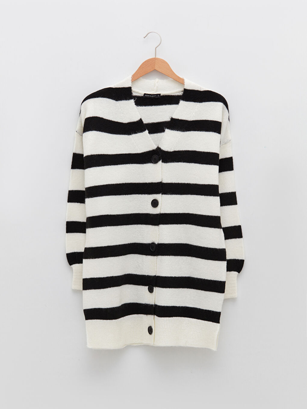 Siyah V Yaka Çizgili Uzun Kollu Kadın Triko Hırka-4