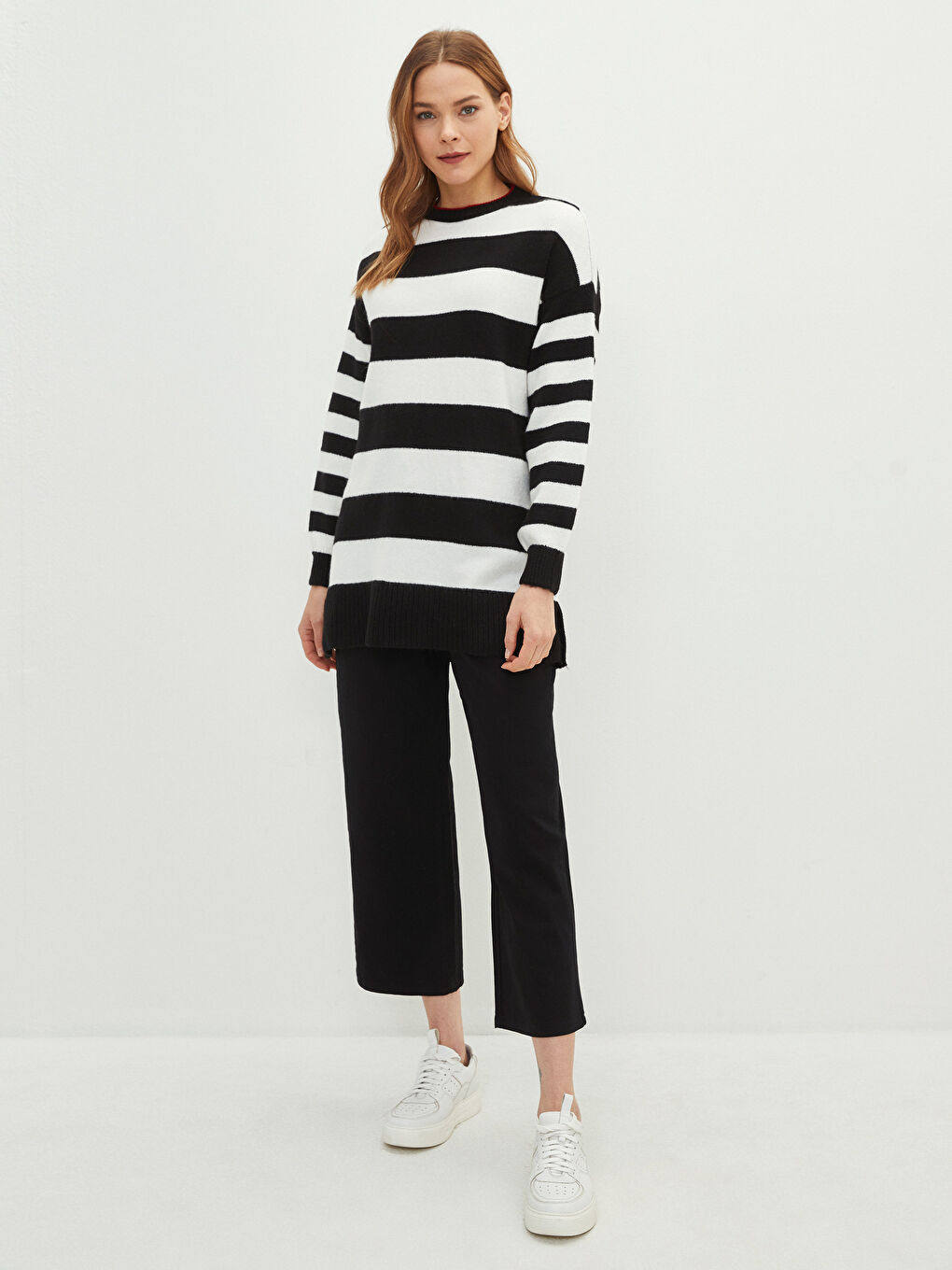 LCW Modest Crew Neck Striped Long Sleeve Women's Knitwear Tunic -W1KQ71Z8-LEG