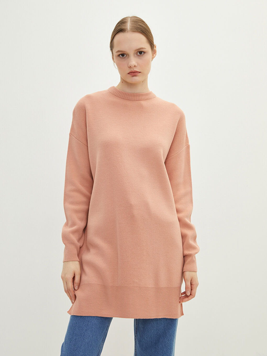 Crew Neck Straight Long Sleeve Oversize Women's Knitwear Tunic