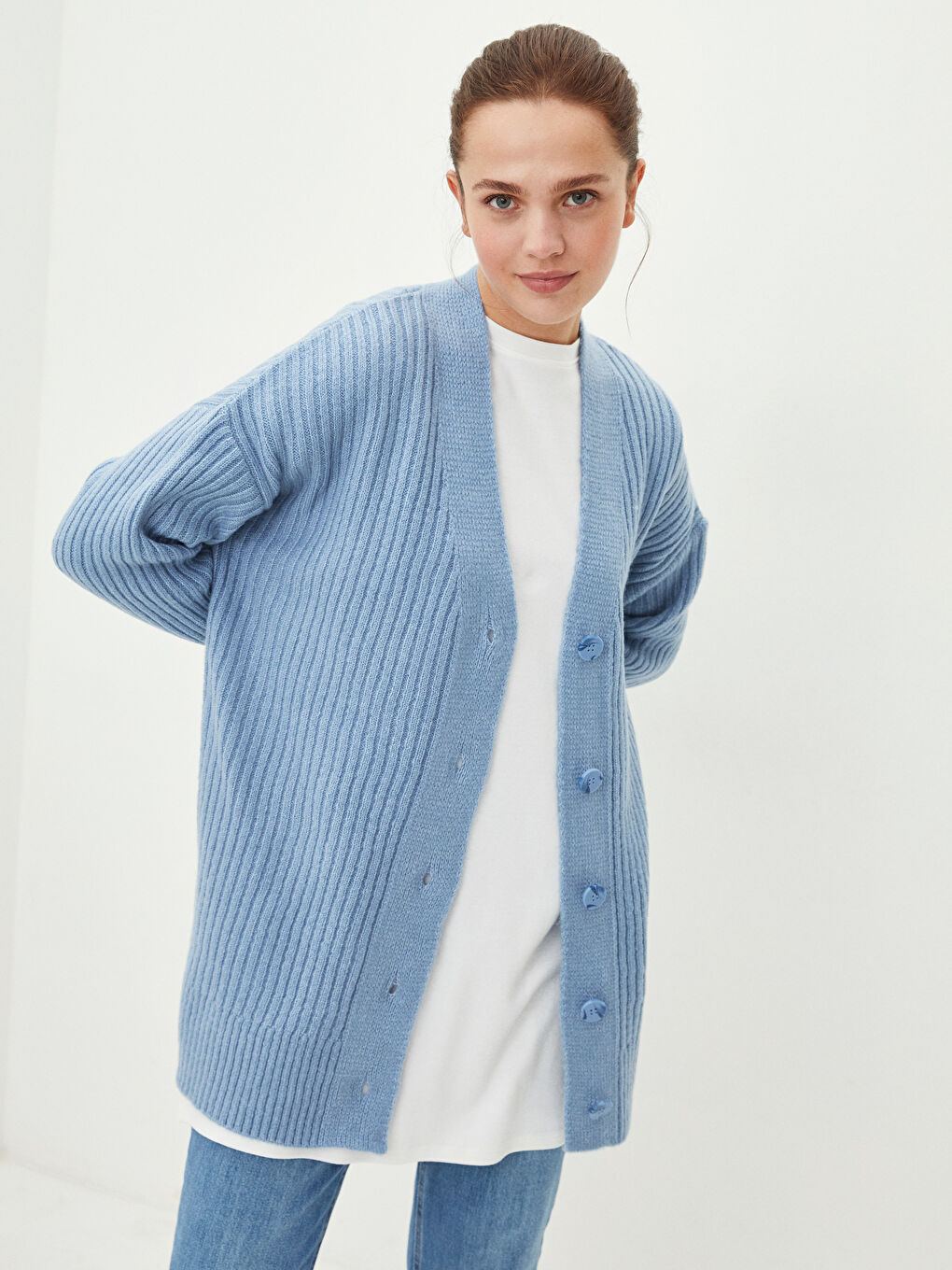 Mavi V Yaka Kadın Triko Hırka-1