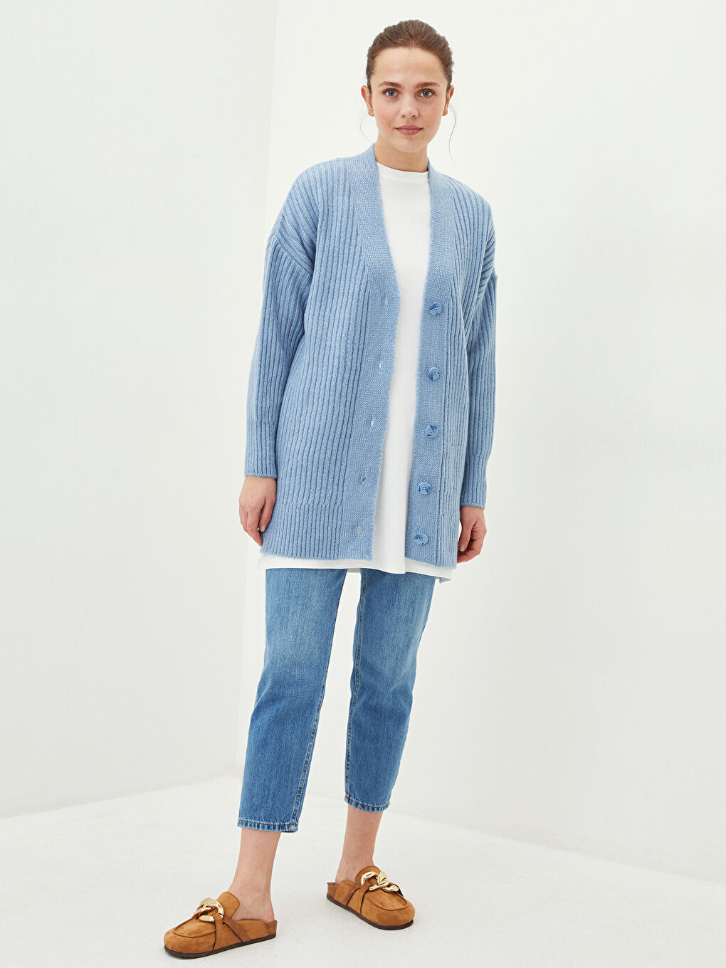 Mavi V Yaka Kadın Triko Hırka-2