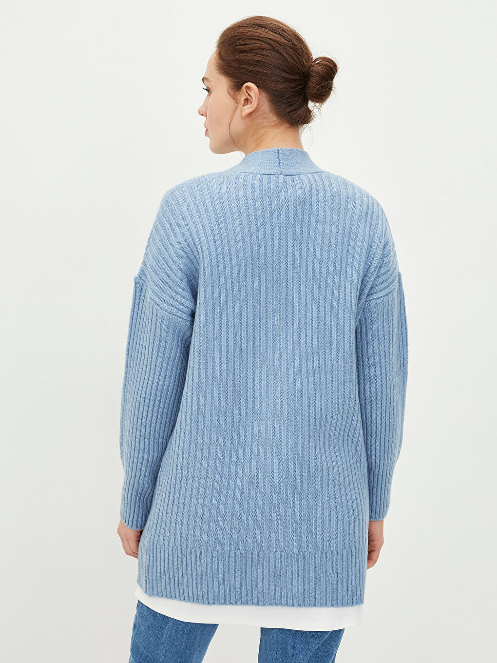 Mavi V Yaka Kadın Triko Hırka-4