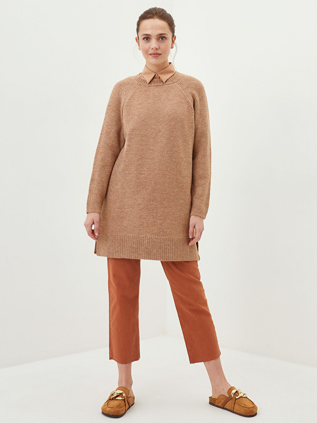 Bej Bisiklet Yaka Düz Uzun Kollu Kadın Triko Tunik-2