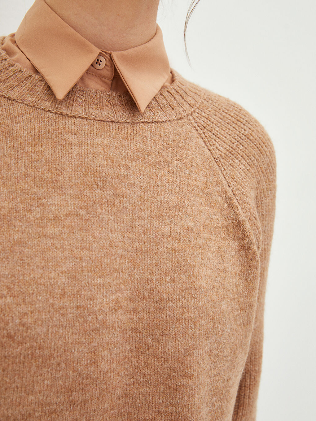 Bej Bisiklet Yaka Düz Uzun Kollu Kadın Triko Tunik-3