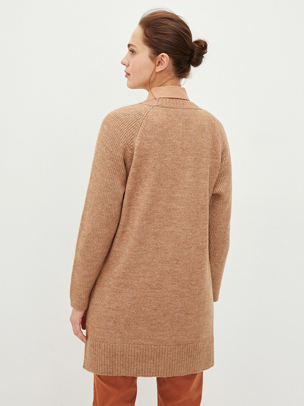 Bej Bisiklet Yaka Düz Uzun Kollu Kadın Triko Tunik-4