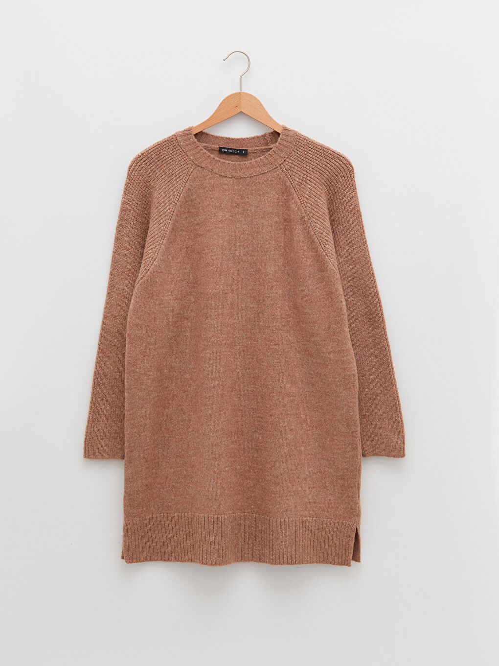 Bej Bisiklet Yaka Düz Uzun Kollu Kadın Triko Tunik-5