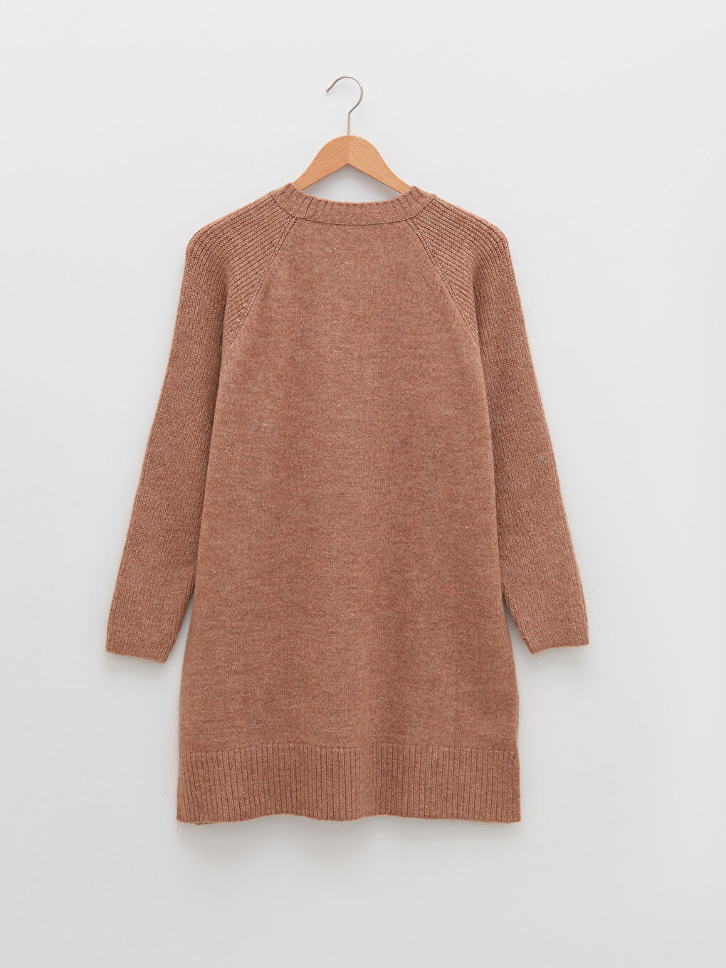 Bej Bisiklet Yaka Düz Uzun Kollu Kadın Triko Tunik-6