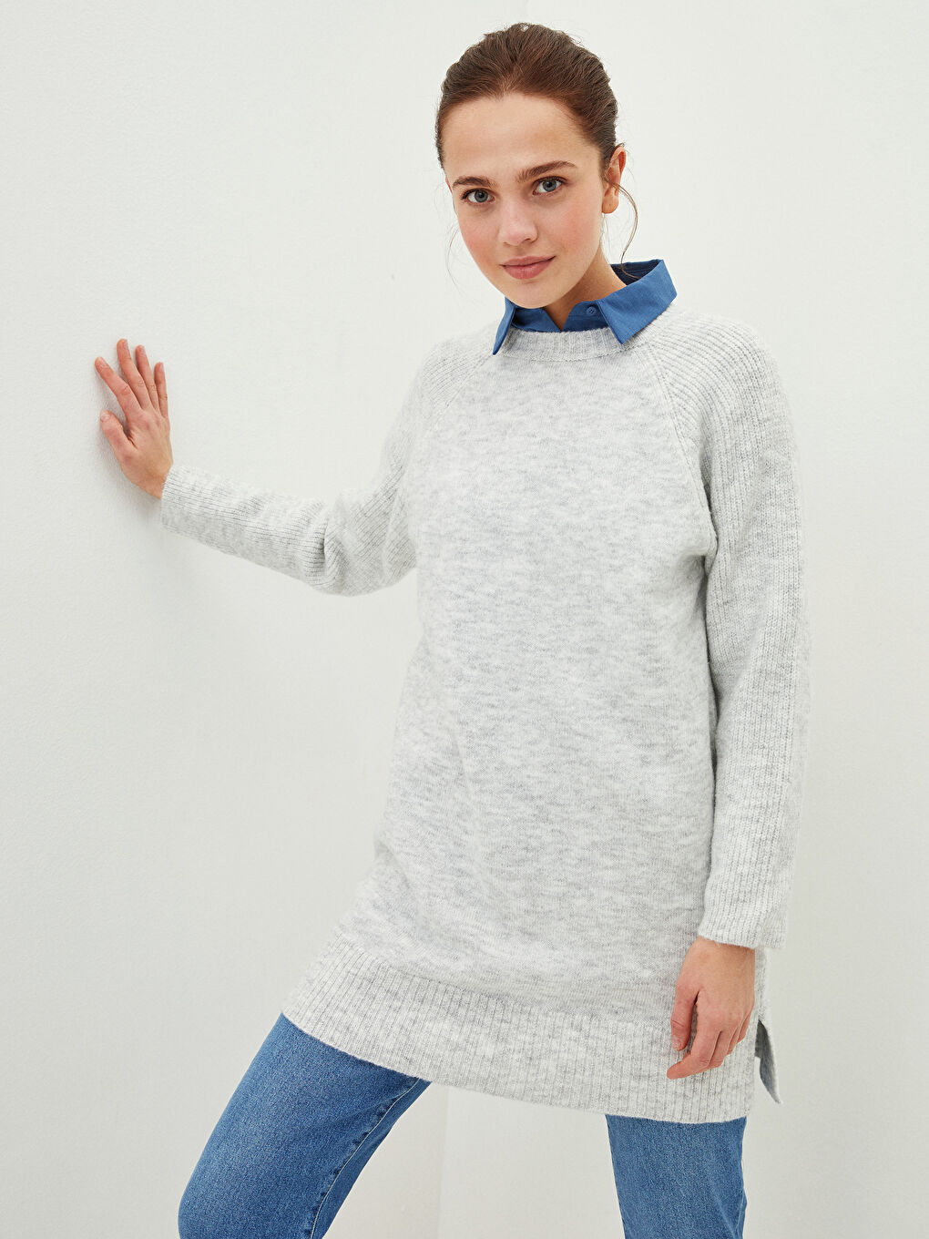 Gri Bisiklet Yaka Düz Uzun Kollu Kadın Triko Tunik