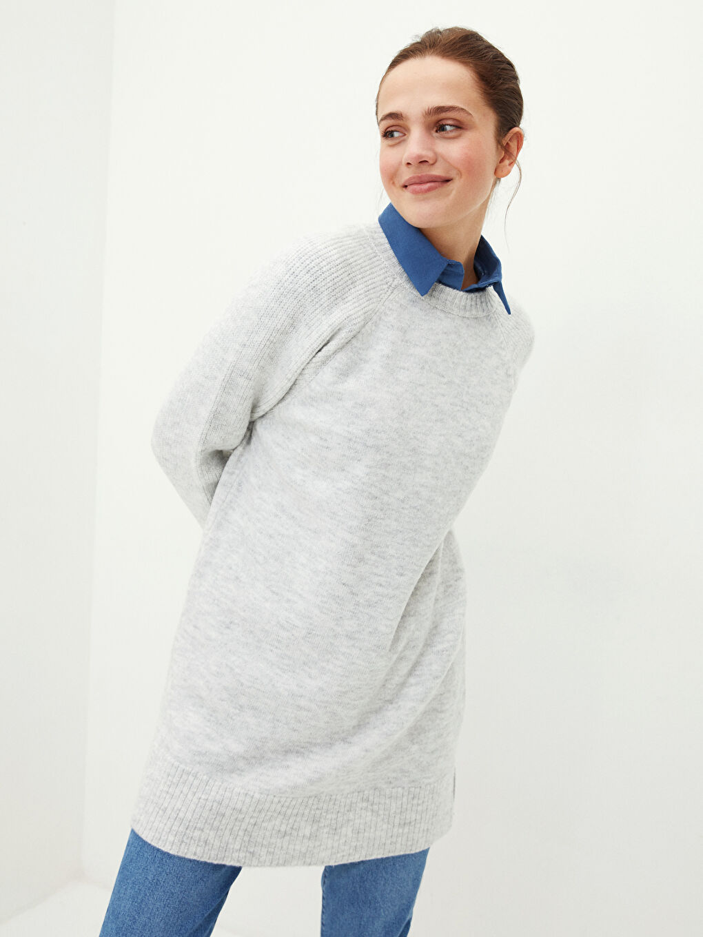 Gri Bisiklet Yaka Düz Uzun Kollu Kadın Triko Tunik-1