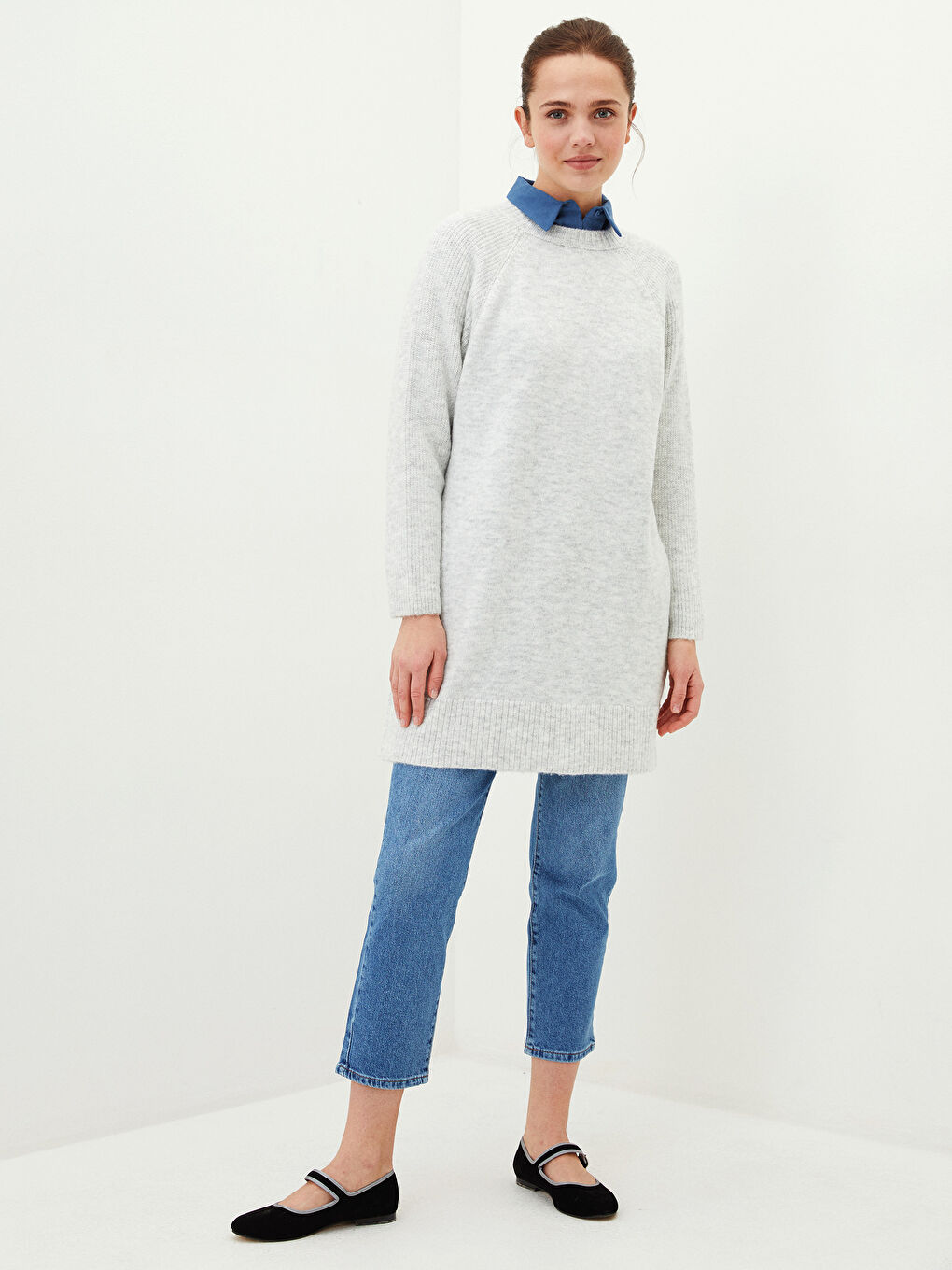 Gri Bisiklet Yaka Düz Uzun Kollu Kadın Triko Tunik-2