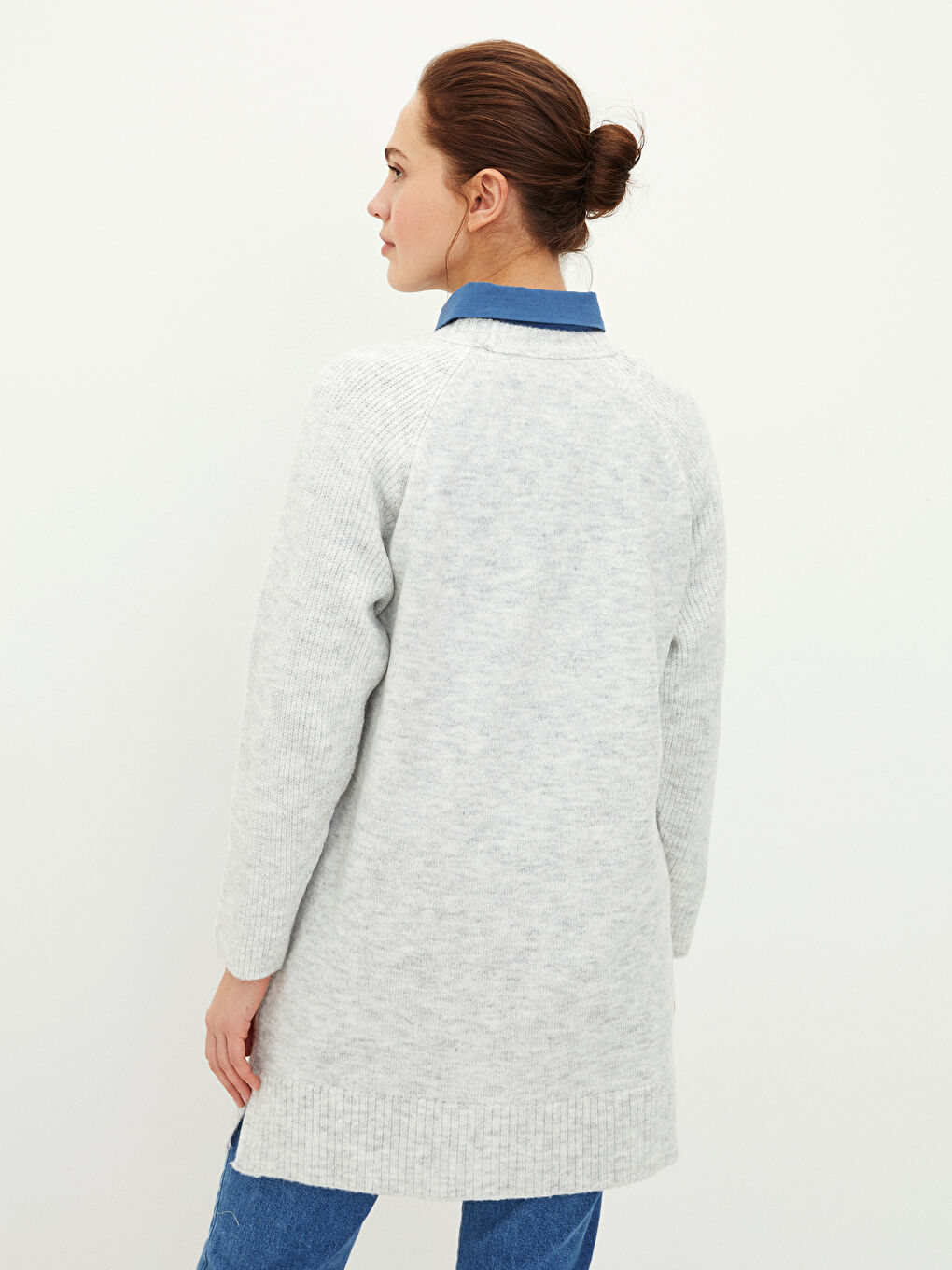 Gri Bisiklet Yaka Düz Uzun Kollu Kadın Triko Tunik-4