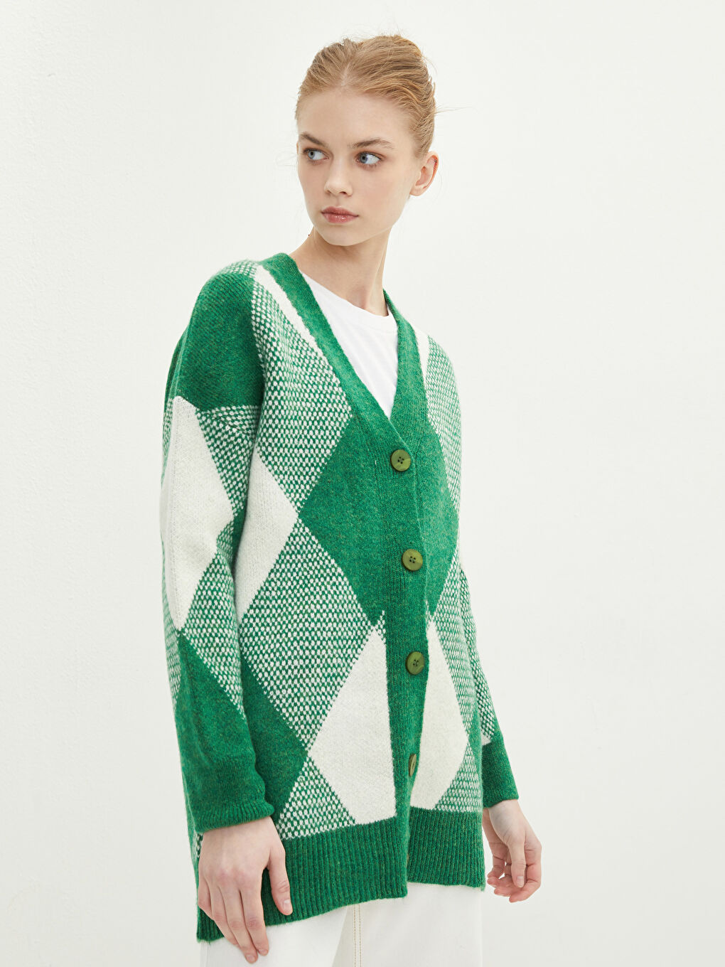 Yeşil V Yaka Desenli Kadın Triko Hırka-1