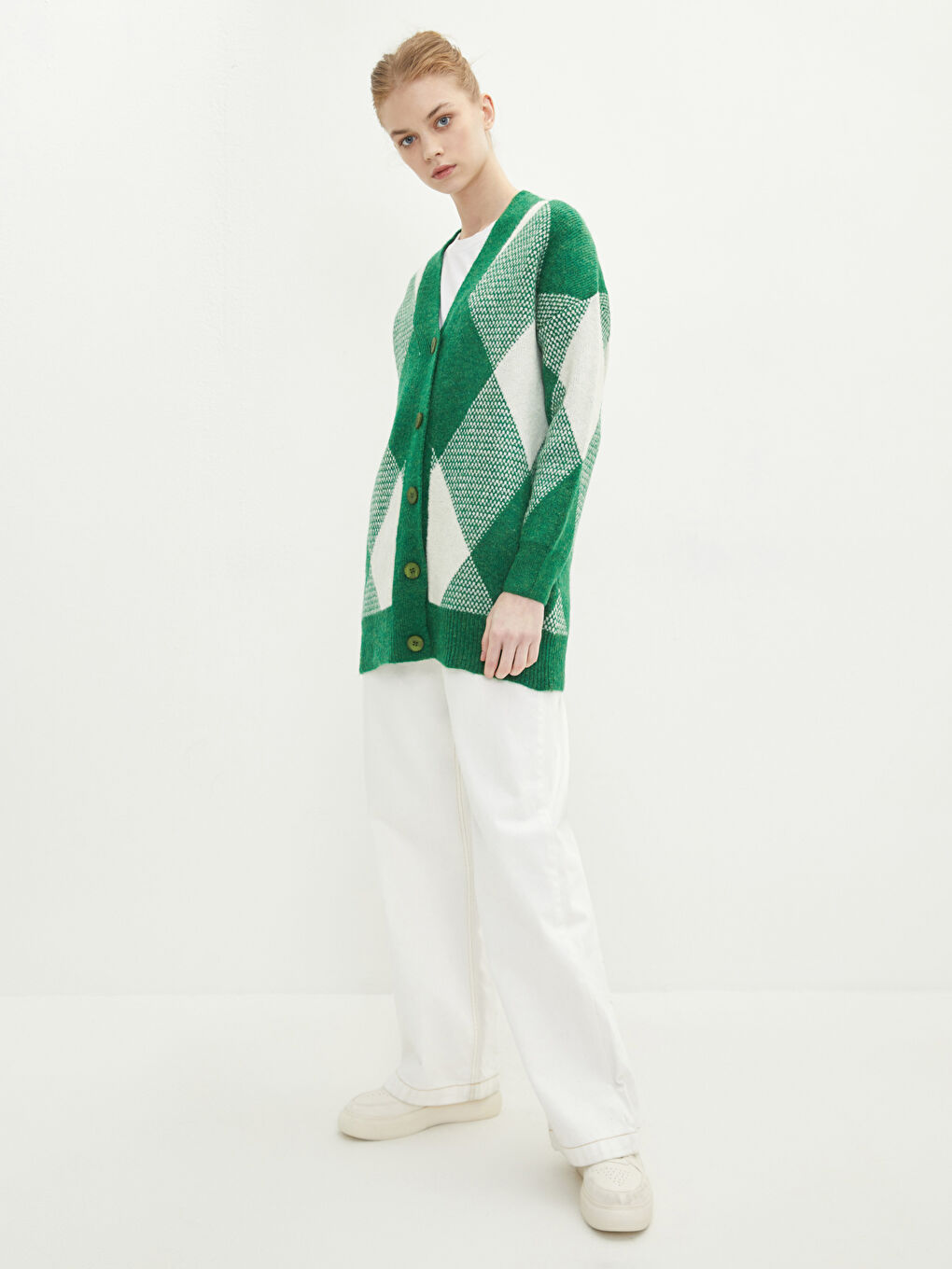 Yeşil V Yaka Desenli Kadın Triko Hırka-2