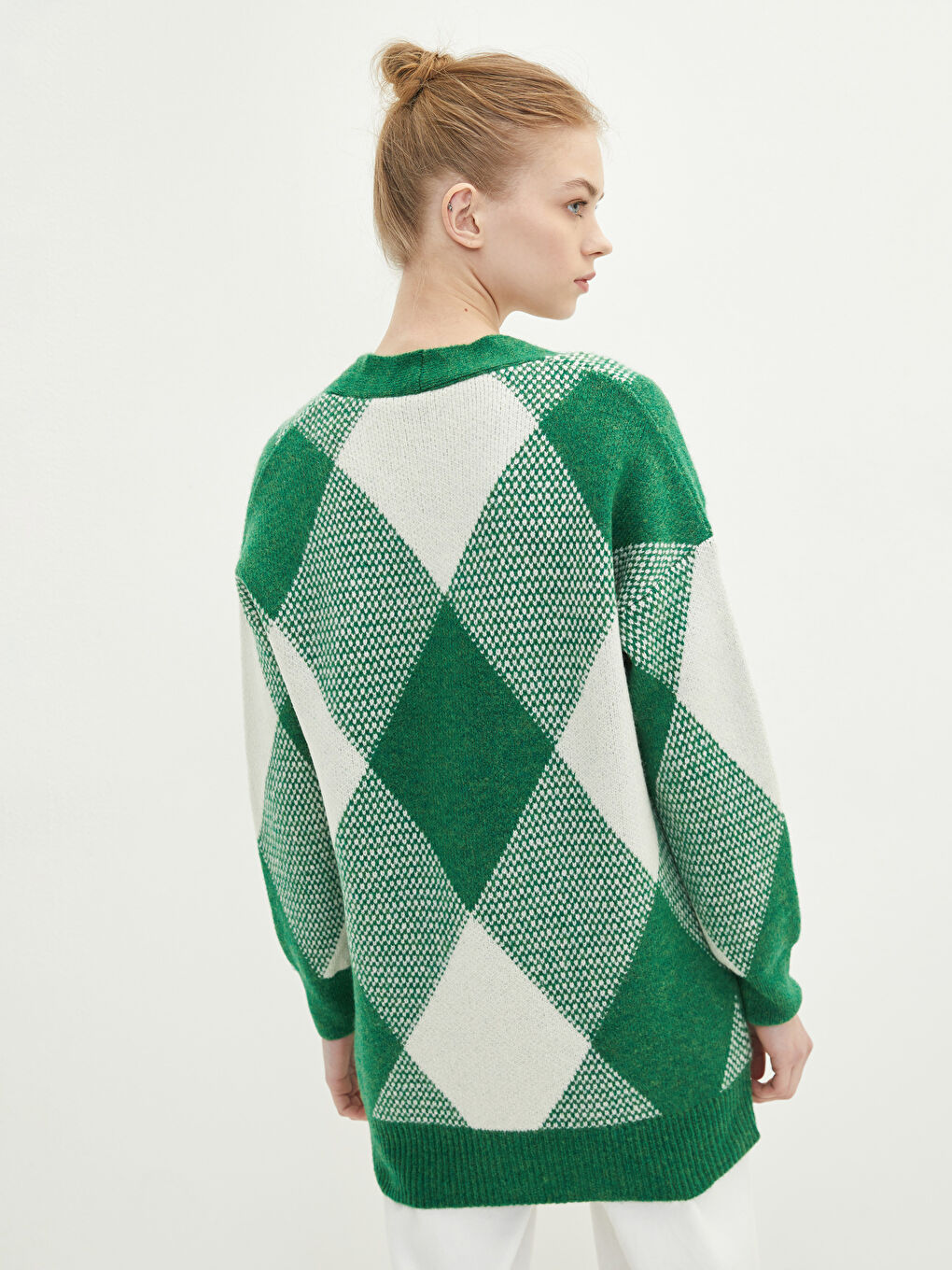 Yeşil V Yaka Desenli Kadın Triko Hırka-4