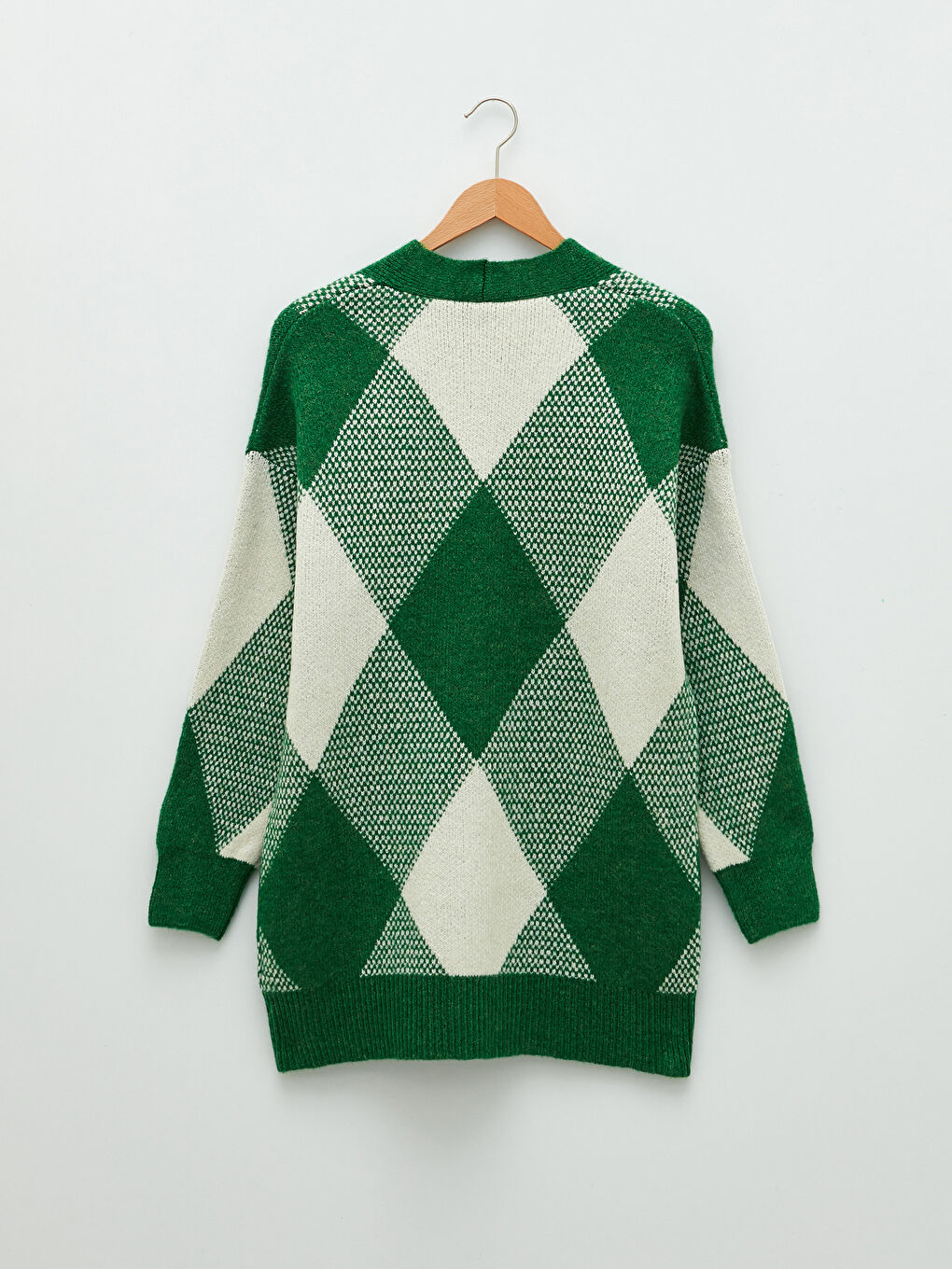 Yeşil V Yaka Desenli Kadın Triko Hırka-6