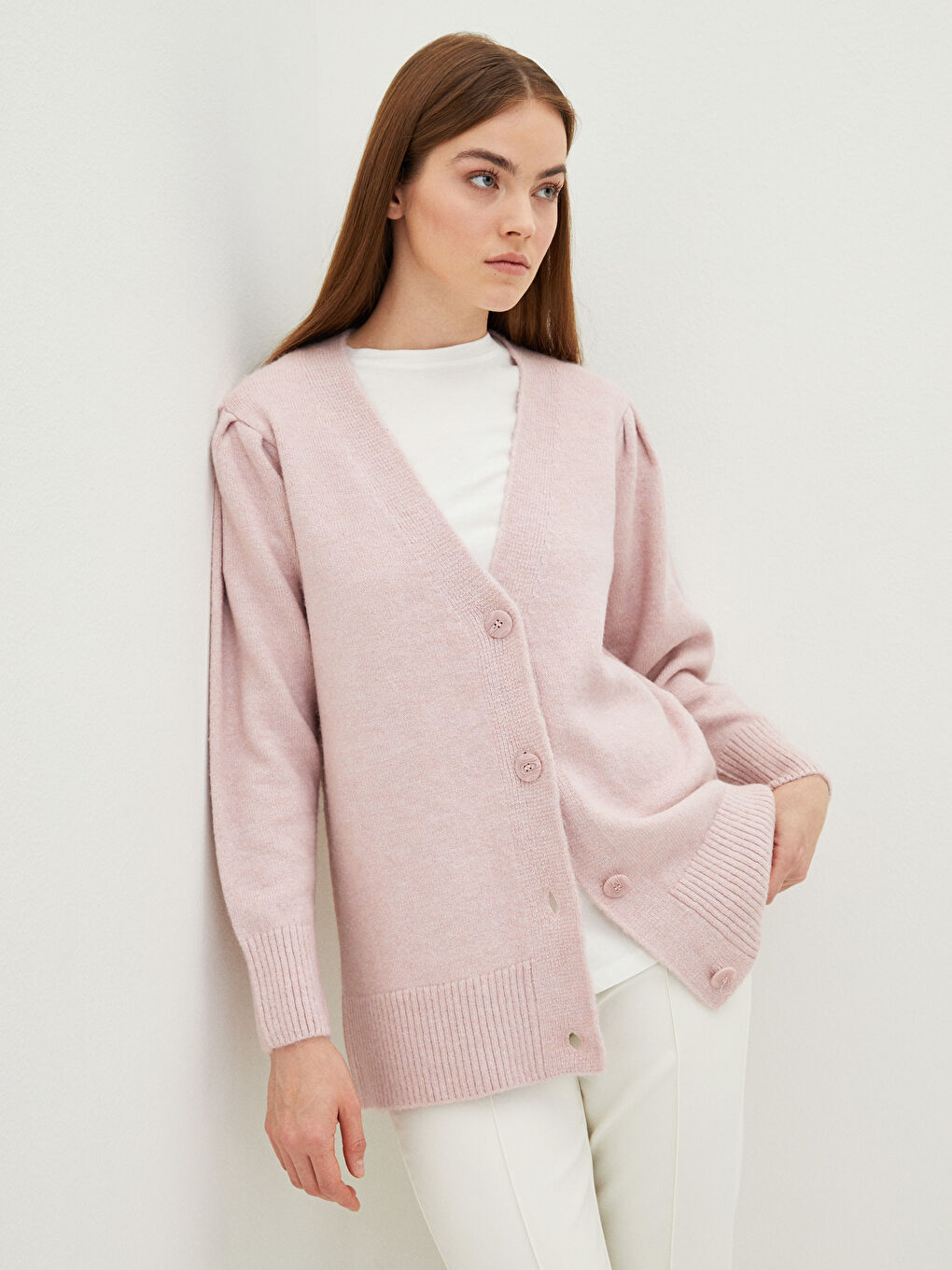 LCW Modest V Neck Women's Knitwear Cardigan -W1KQ83Z8-SCM