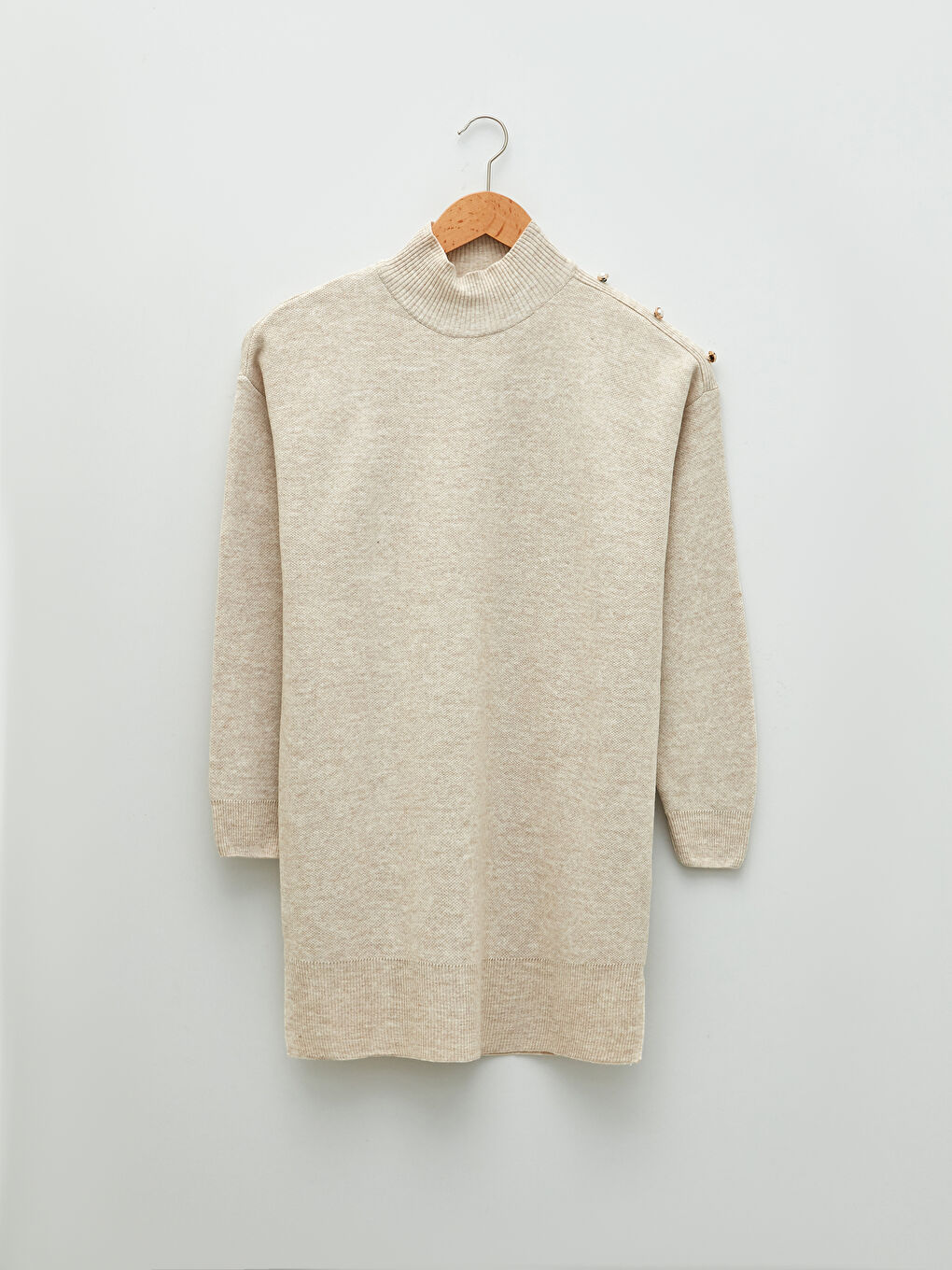 Ekru Yarım Balıkçı Yaka Oversize Kadın Triko Tunik-3