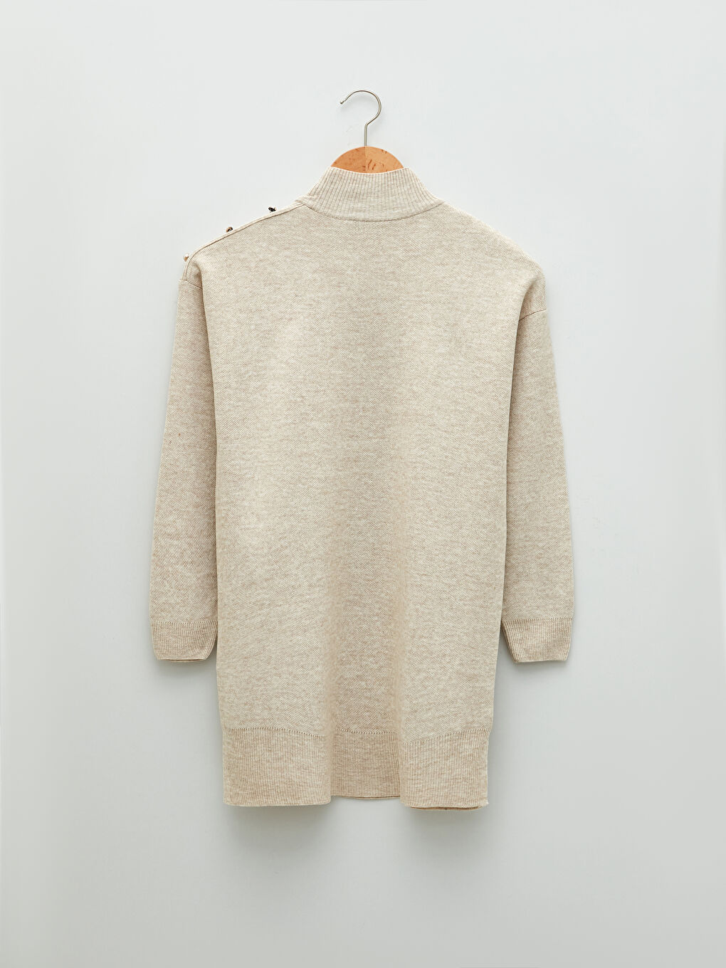 Ekru Yarım Balıkçı Yaka Oversize Kadın Triko Tunik-4