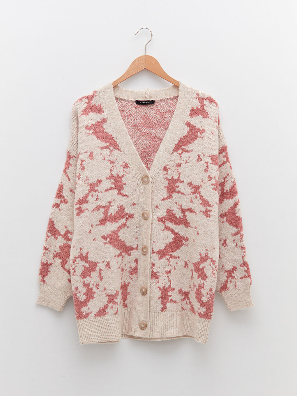 Pembe V Yaka Desenli Kadın Triko Hırka-5