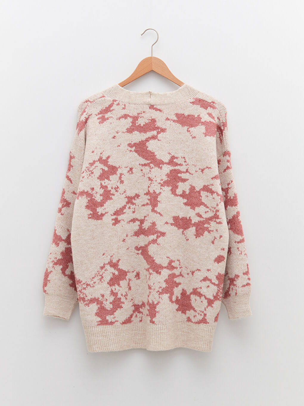 Pembe V Yaka Desenli Kadın Triko Hırka-6