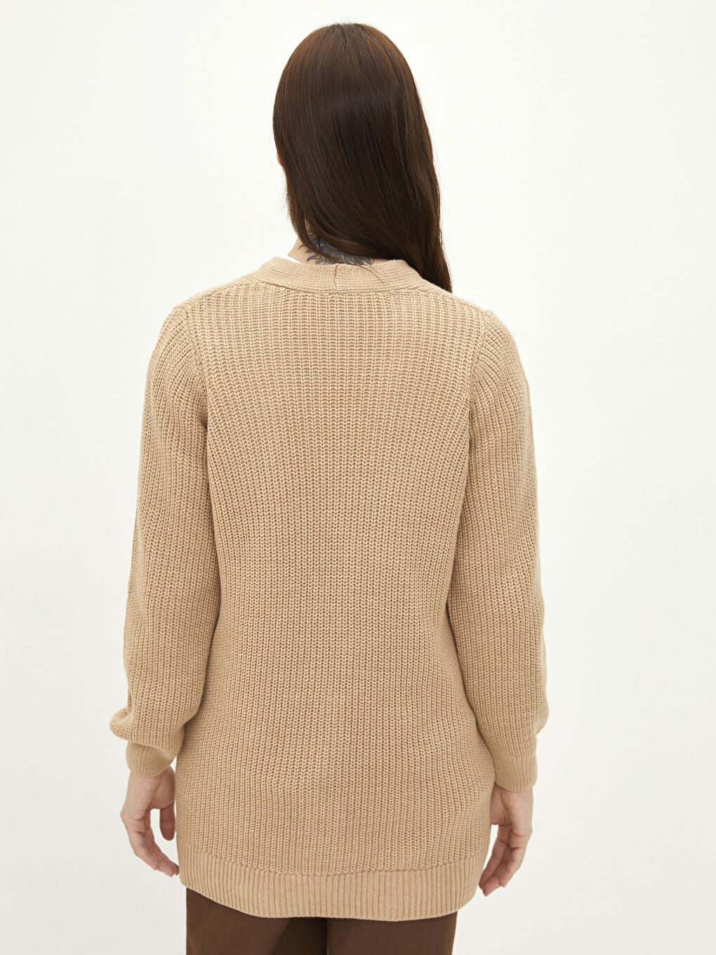 Bej V Yaka Kadın Triko Hırka-3