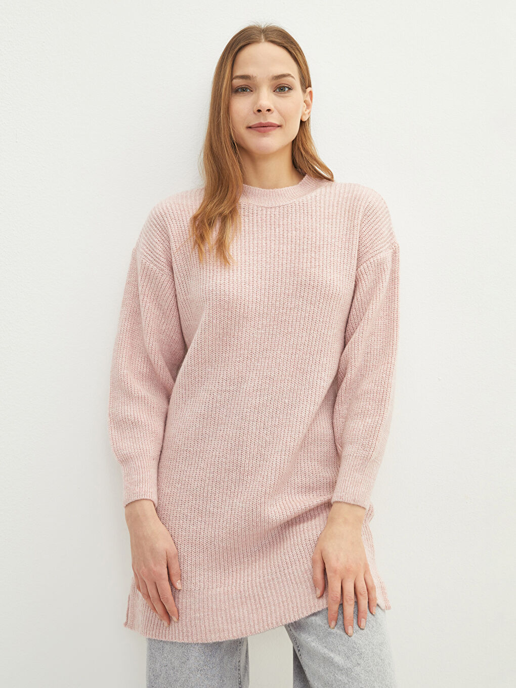 Pembe Bisiklet Yaka Düz Uzun Kollu Kadın Triko Tunik