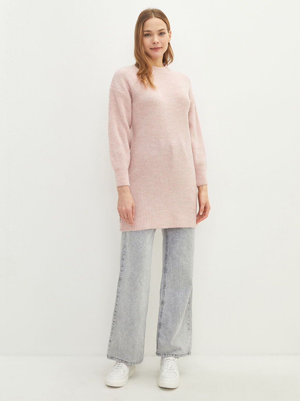 Pembe Bisiklet Yaka Düz Uzun Kollu Kadın Triko Tunik-2