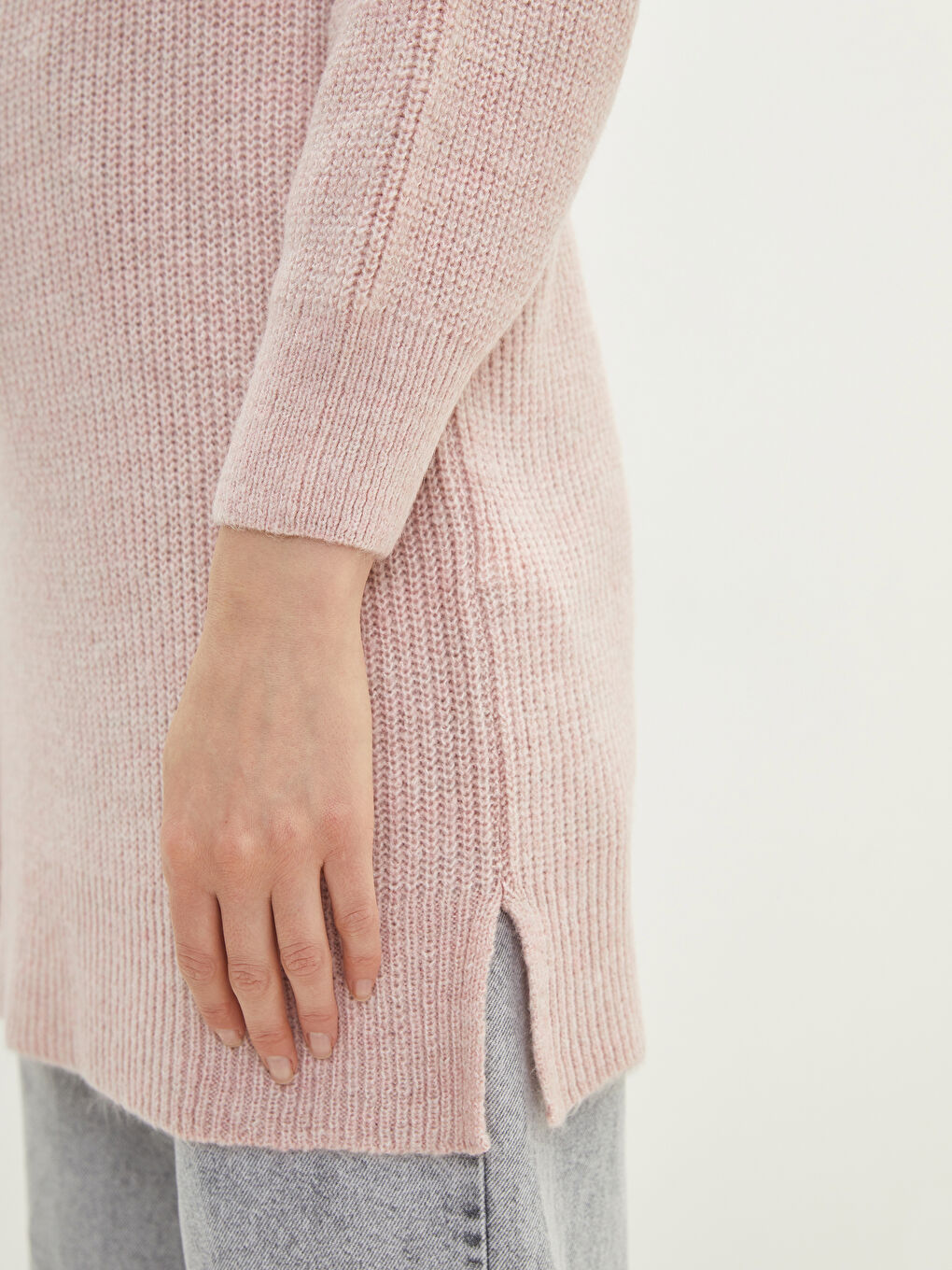 Pembe Bisiklet Yaka Düz Uzun Kollu Kadın Triko Tunik-3